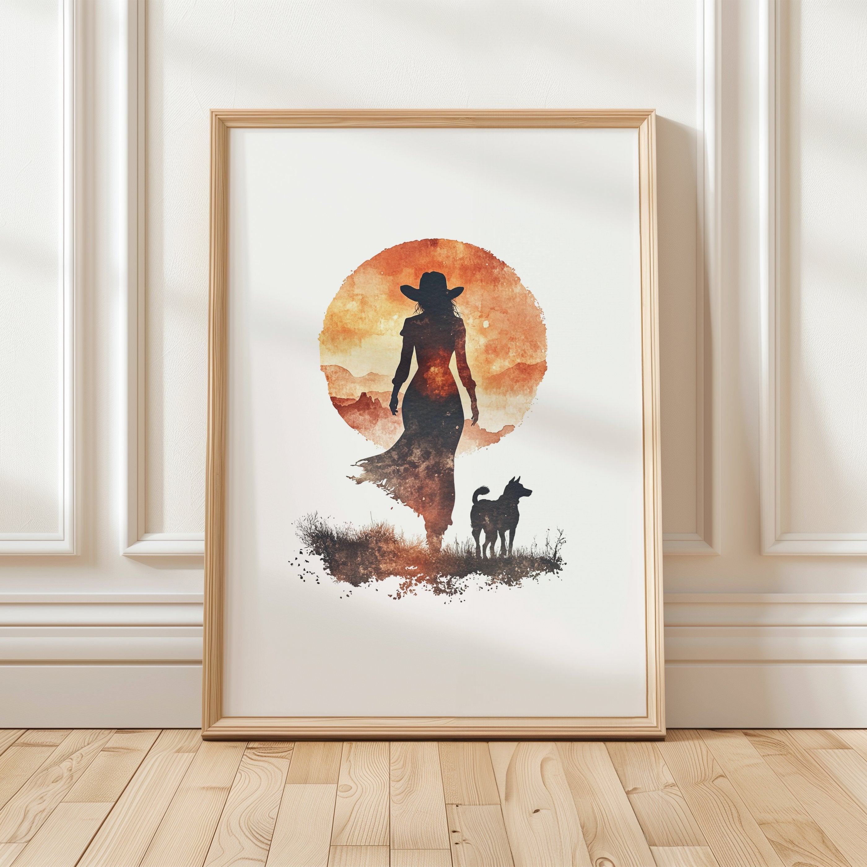 Modern silhouette print featuring a cowboy and dog against a warm terracotta sunset, rendered in orange and earthy brown tones with clean, bold contours creating a peaceful, introspective mood.