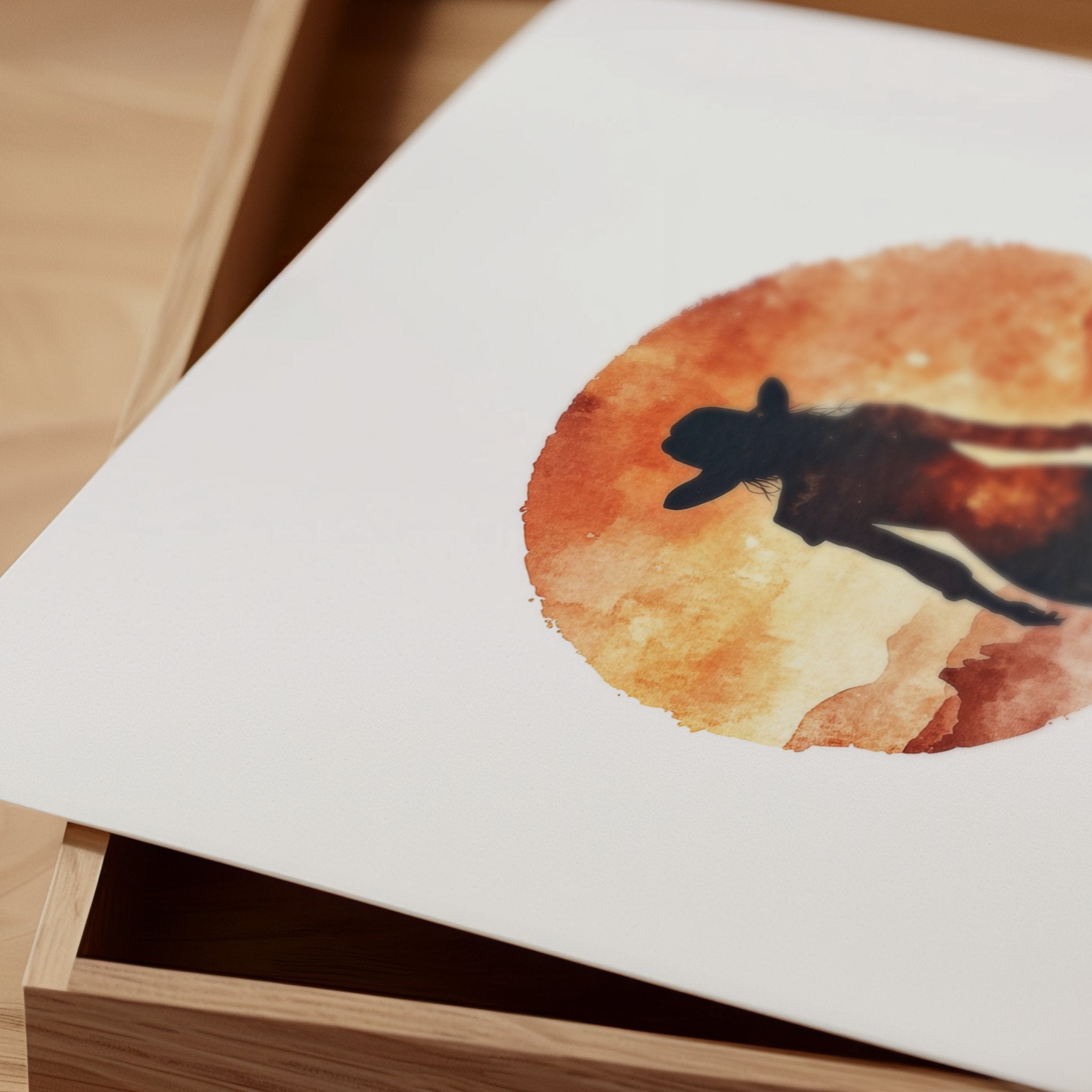 Modern silhouette print featuring a cowboy and dog against a warm terracotta sunset, rendered in orange and earthy brown tones with clean, bold contours creating a peaceful, introspective mood.
