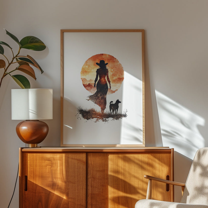 Modern silhouette print featuring a cowboy and dog against a warm terracotta sunset, rendered in orange and earthy brown tones with clean, bold contours creating a peaceful, introspective mood.