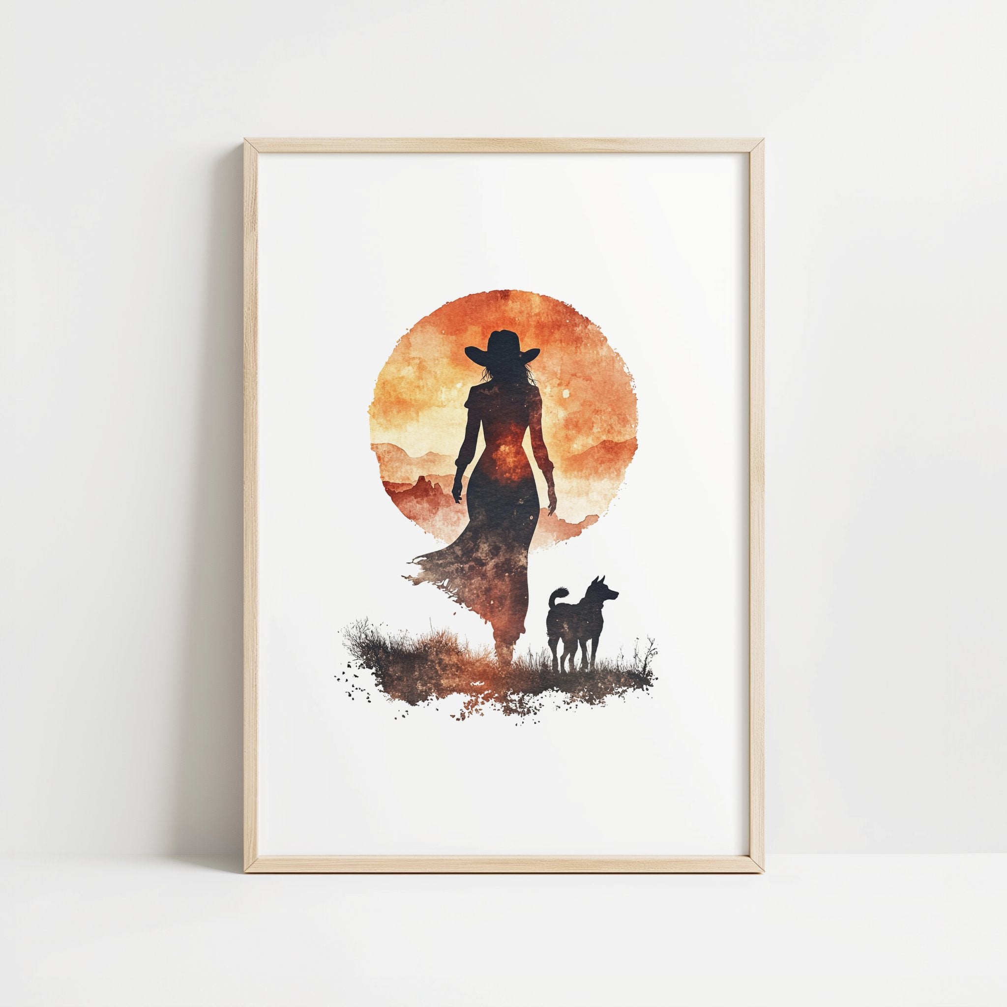 Modern silhouette print featuring a cowboy and dog against a warm terracotta sunset, rendered in orange and earthy brown tones with clean, bold contours creating a peaceful, introspective mood.