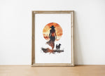 Modern silhouette print featuring a cowboy and dog against a warm terracotta sunset, rendered in orange and earthy brown tones with clean, bold contours creating a peaceful, introspective mood.