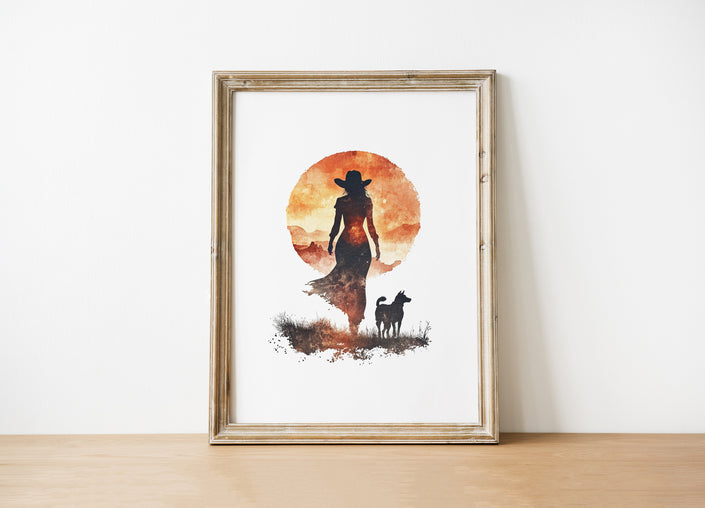 Modern silhouette print featuring a cowboy and dog against a warm terracotta sunset, rendered in orange and earthy brown tones with clean, bold contours creating a peaceful, introspective mood.