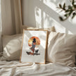 Modern silhouette print featuring a cowboy and dog against a warm terracotta sunset, rendered in orange and earthy brown tones with clean, bold contours creating a peaceful, introspective mood.