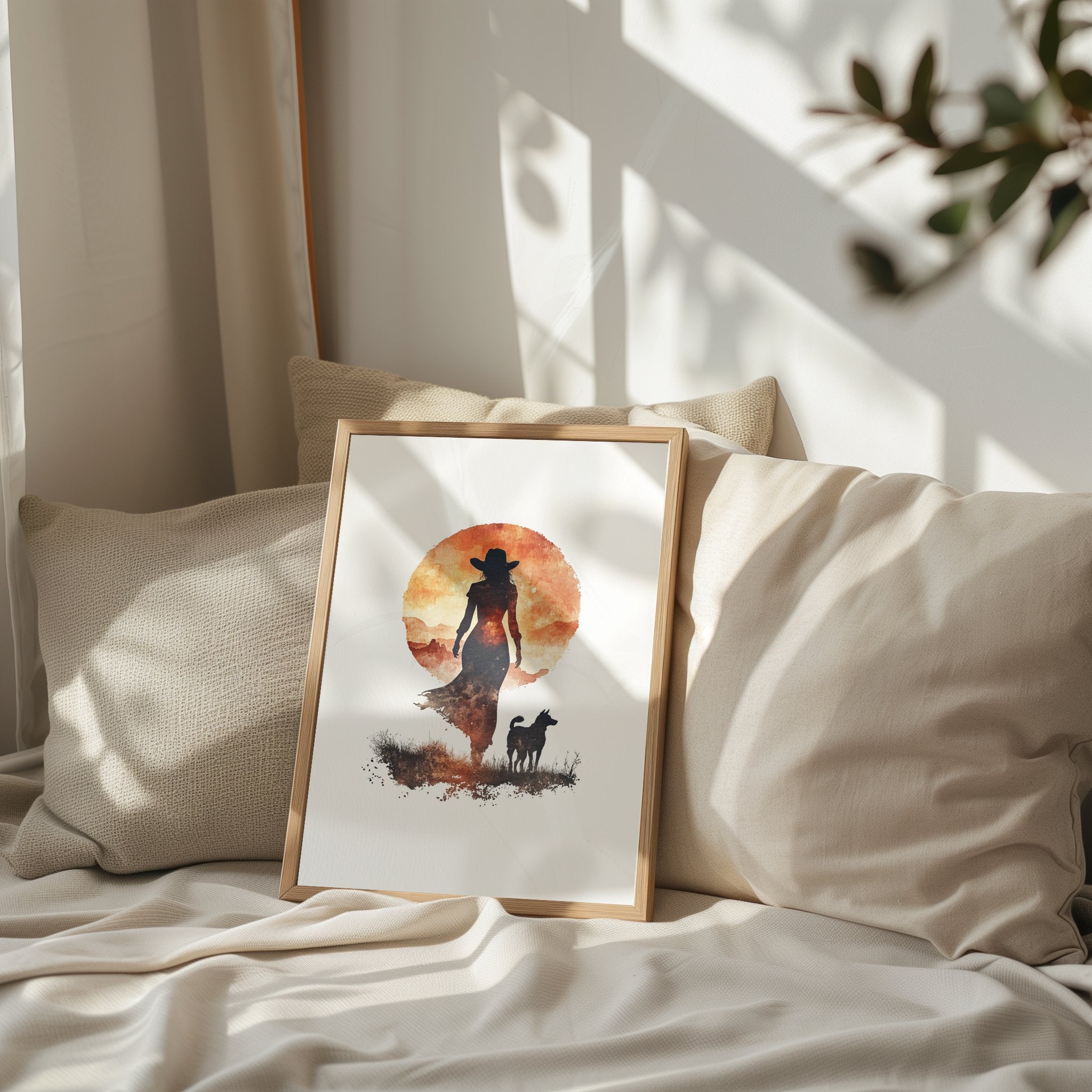 Modern silhouette print featuring a cowboy and dog against a warm terracotta sunset, rendered in orange and earthy brown tones with clean, bold contours creating a peaceful, introspective mood.
