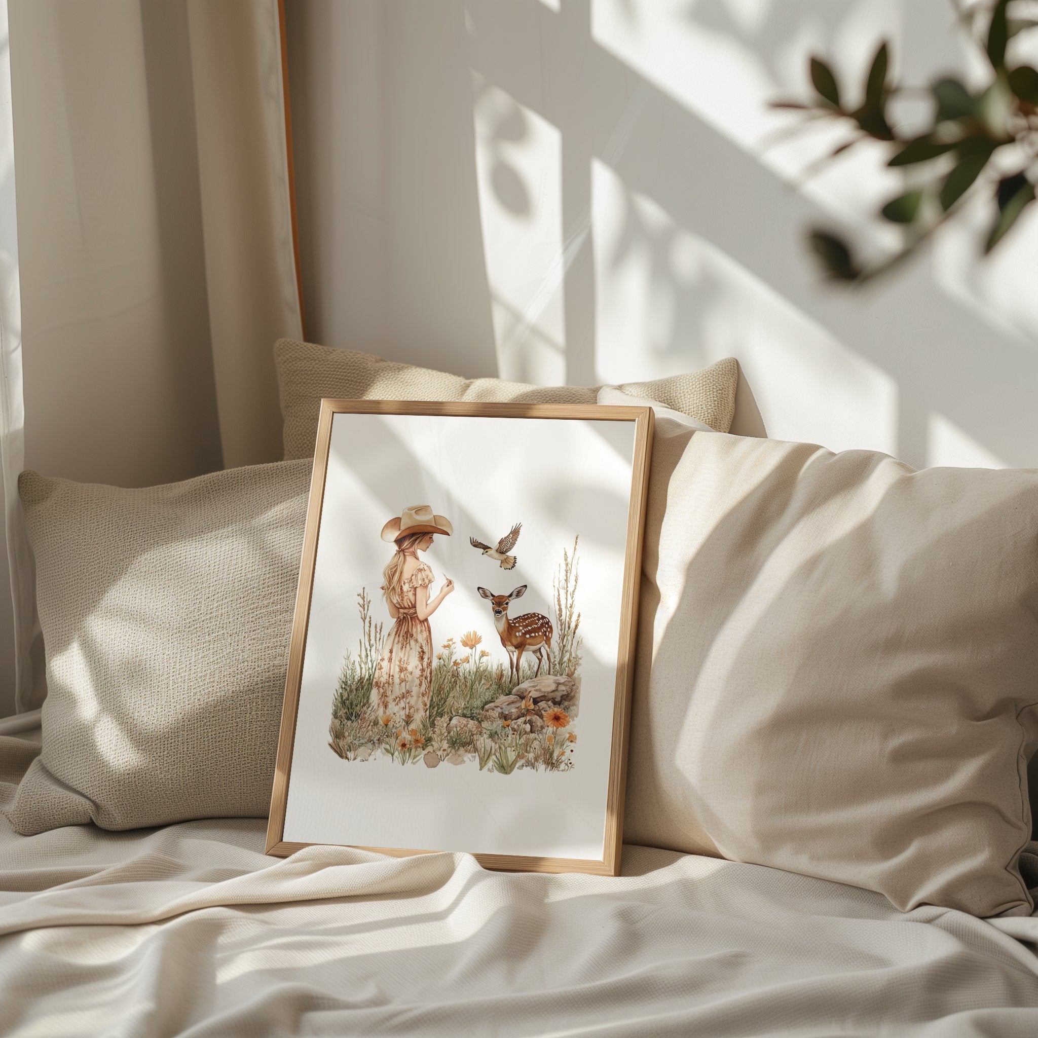 Vintage illustration of a girl in floral dress with gentle deer and bird in wildflower meadow, using earthy sienna and sage tones on white background