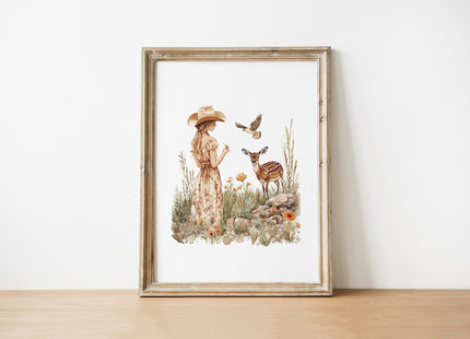 Vintage illustration of a girl in floral dress with gentle deer and bird in wildflower meadow, using earthy sienna and sage tones on white background