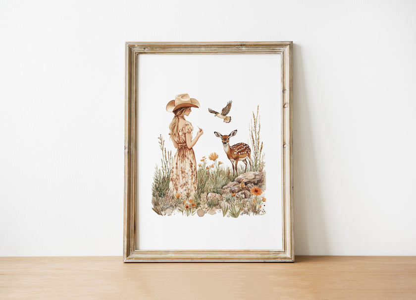 Vintage illustration of a girl in floral dress with gentle deer and bird in wildflower meadow, using earthy sienna and sage tones on white background