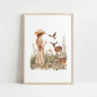 Vintage illustration of a girl in floral dress with gentle deer and bird in wildflower meadow, using earthy sienna and sage tones on white background
