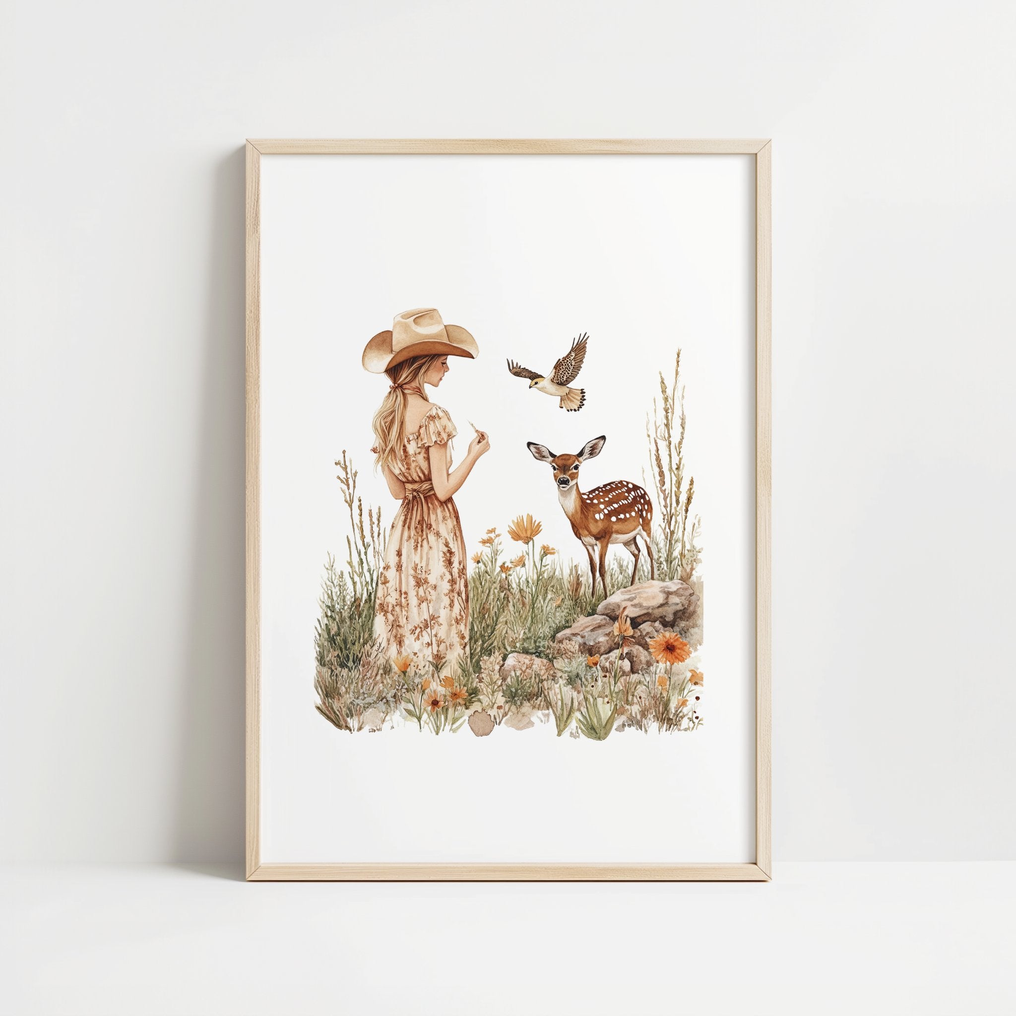 Vintage illustration of a girl in floral dress with gentle deer and bird in wildflower meadow, using earthy sienna and sage tones on white background