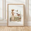 Vintage illustration of a girl in floral dress with gentle deer and bird in wildflower meadow, using earthy sienna and sage tones on white background
