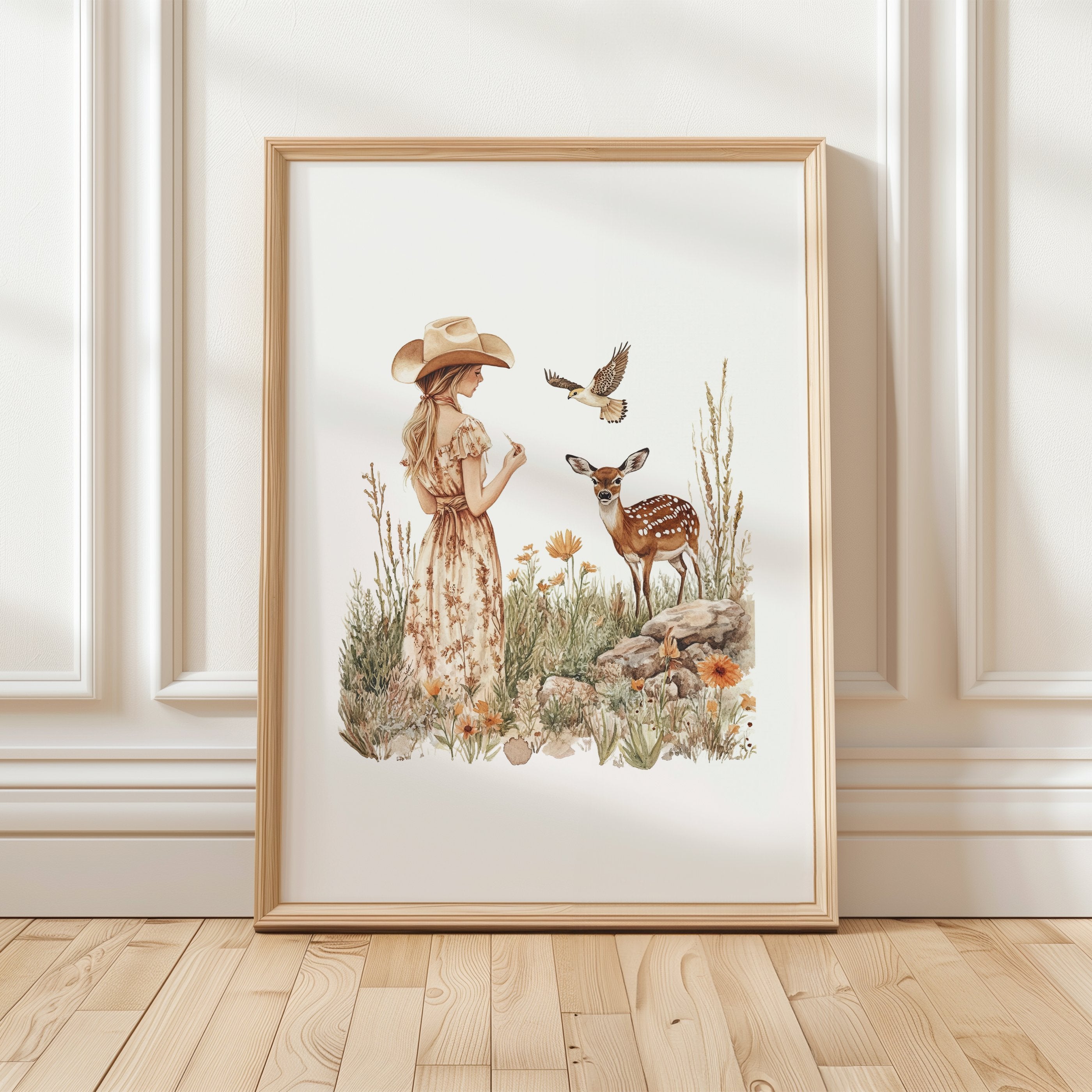 Vintage illustration of a girl in floral dress with gentle deer and bird in wildflower meadow, using earthy sienna and sage tones on white background