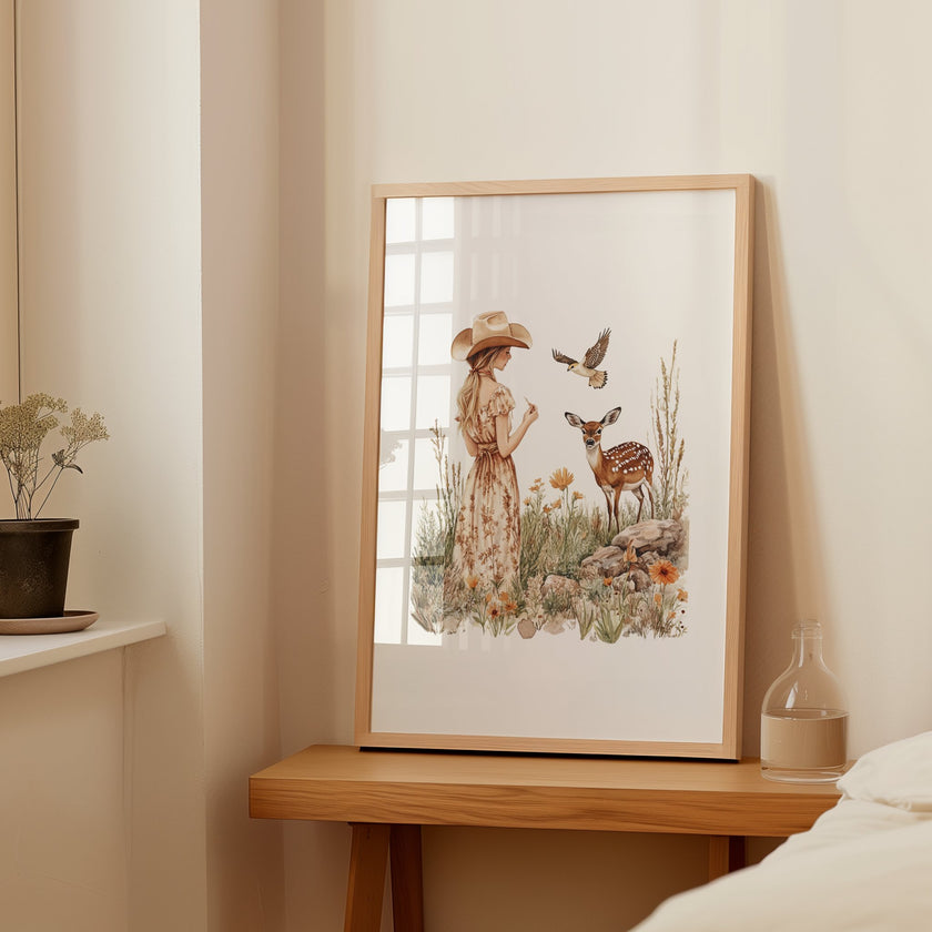 Vintage illustration of a girl in floral dress with gentle deer and bird in wildflower meadow, using earthy sienna and sage tones on white background