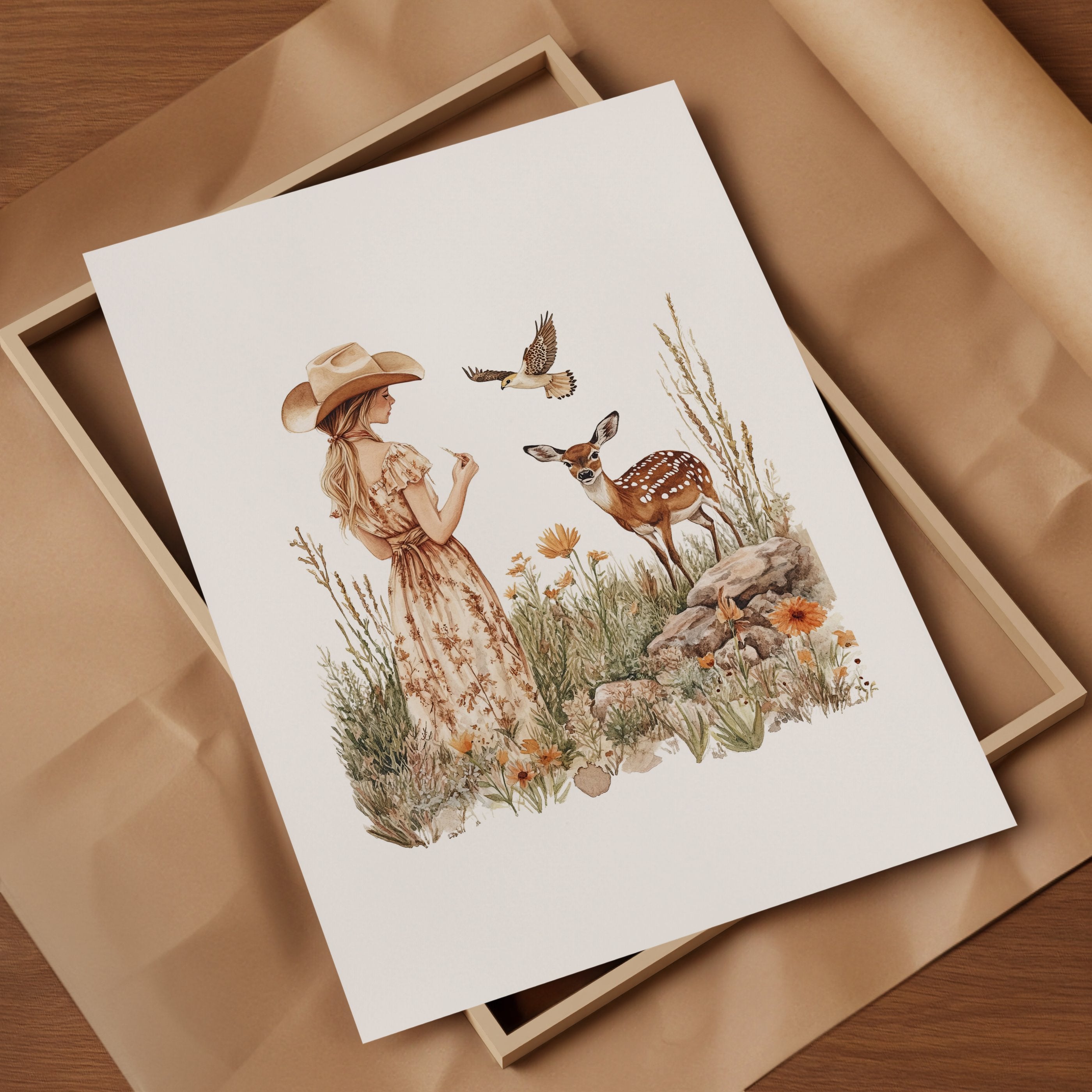 Vintage illustration of a girl in floral dress with gentle deer and bird in wildflower meadow, using earthy sienna and sage tones on white background