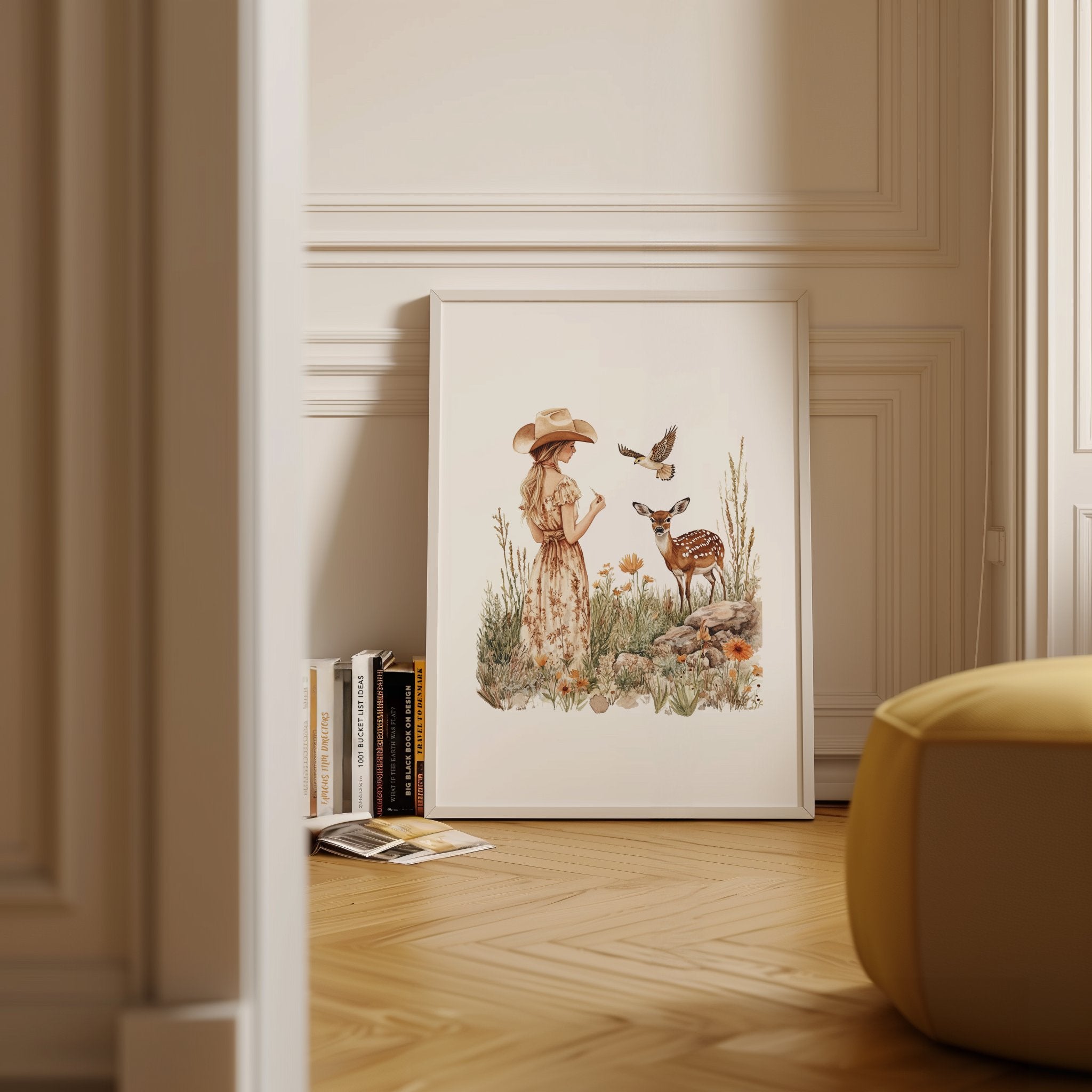 Vintage illustration of a girl in floral dress with gentle deer and bird in wildflower meadow, using earthy sienna and sage tones on white background