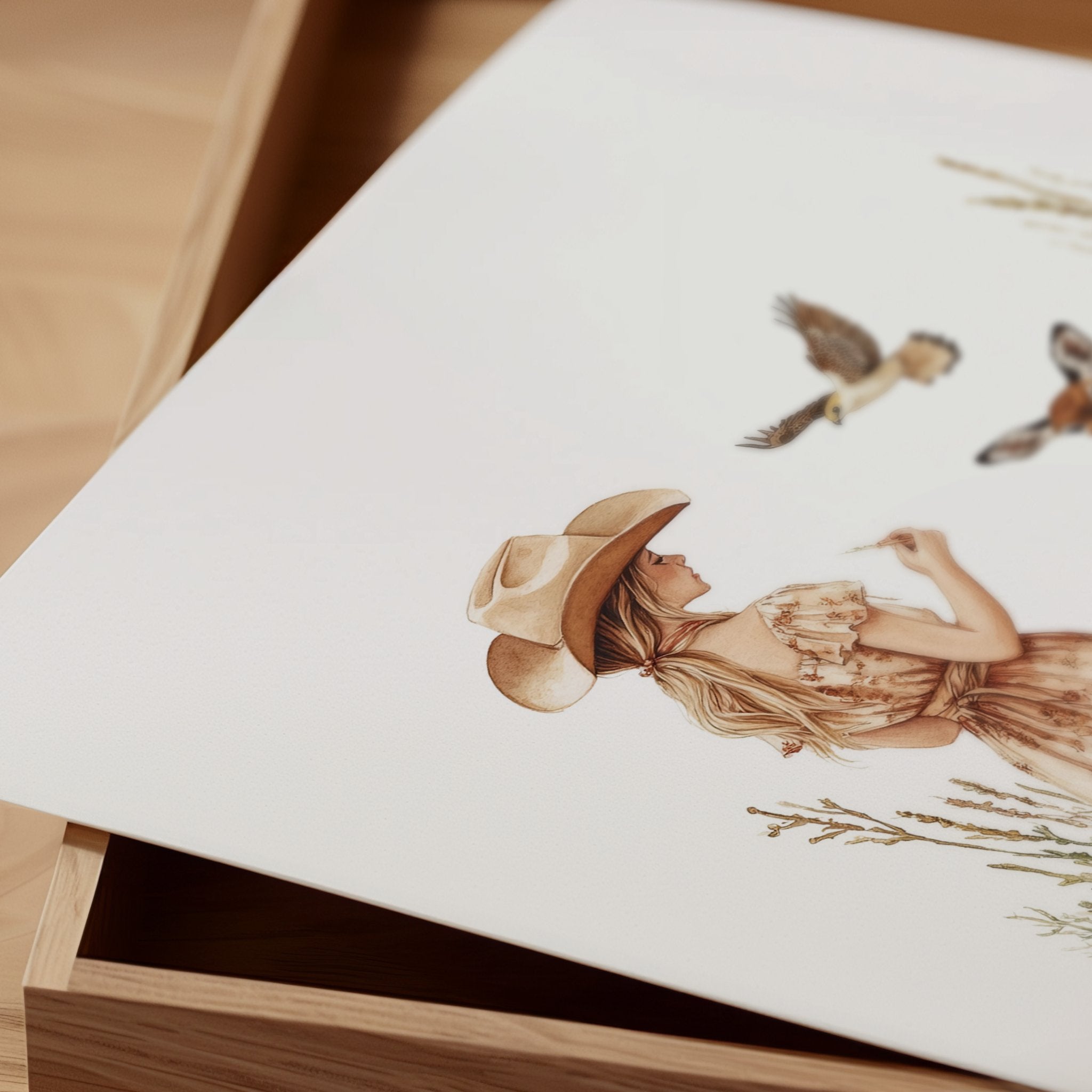 Vintage illustration of a girl in floral dress with gentle deer and bird in wildflower meadow, using earthy sienna and sage tones on white background