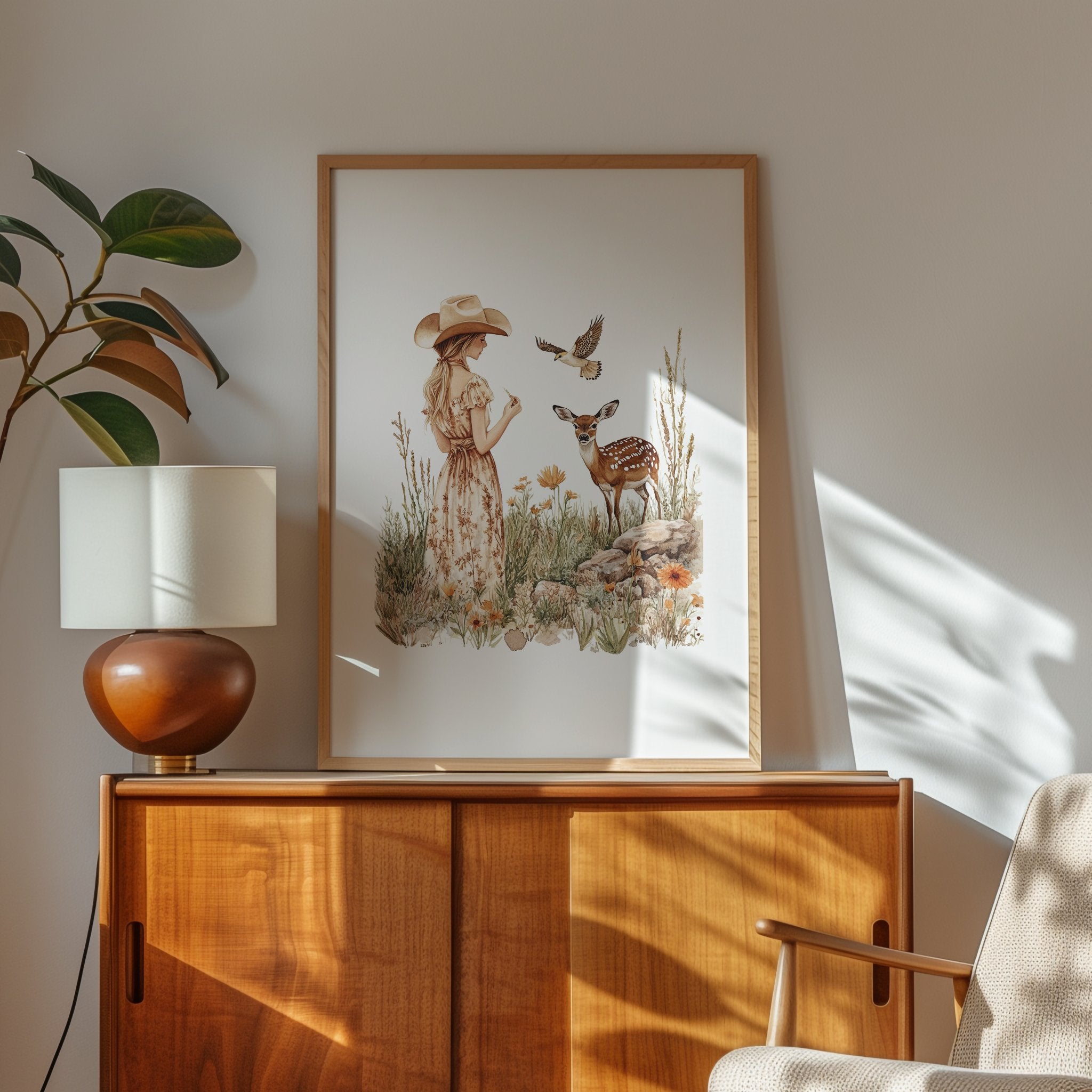 Vintage illustration of a girl in floral dress with gentle deer and bird in wildflower meadow, using earthy sienna and sage tones on white background