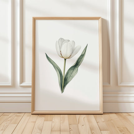 Elegant white tulip watercolor illustration with delicate sage green leaves on clean white background in minimalist Scandinavian style, creating a peaceful botanical focal point