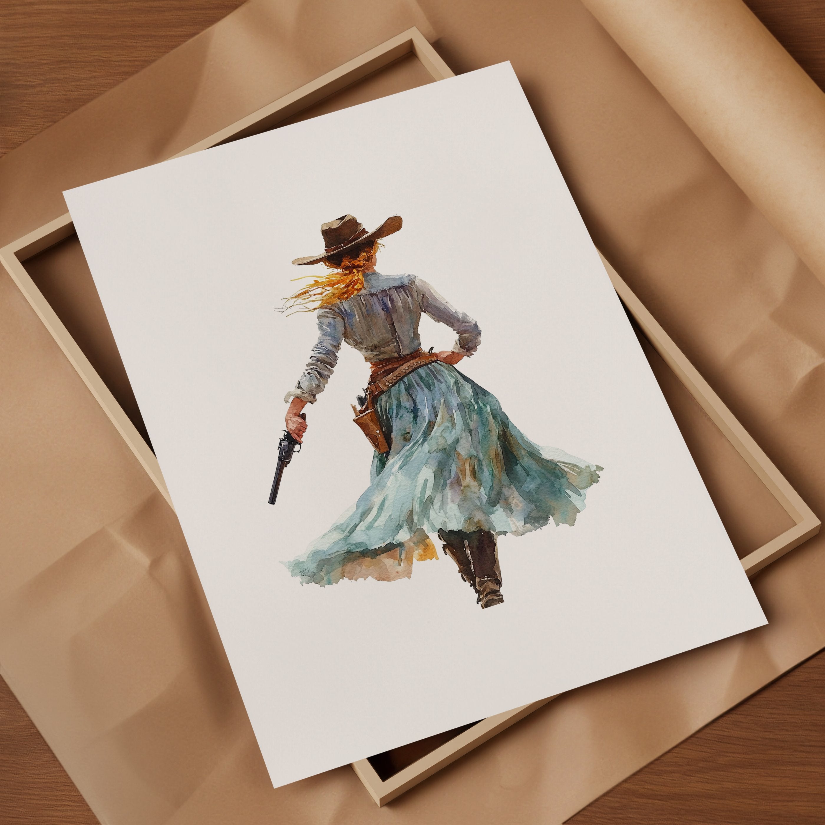 Watercolor cowgirl drawing a revolver in teal, sand, and cinnamon tones against white background, conveying motion and independence with flowing skirt and hat, perfect for modern farmhouse decor.
