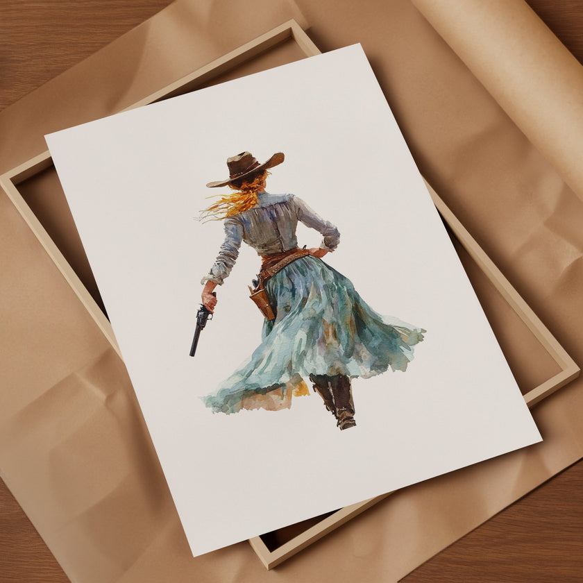 Watercolor cowgirl drawing a revolver in teal, sand, and cinnamon tones against white background, conveying motion and independence with flowing skirt and hat, perfect for modern farmhouse decor.