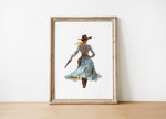 Watercolor cowgirl drawing a revolver in teal, sand, and cinnamon tones against white background, conveying motion and independence with flowing skirt and hat, perfect for modern farmhouse decor.
