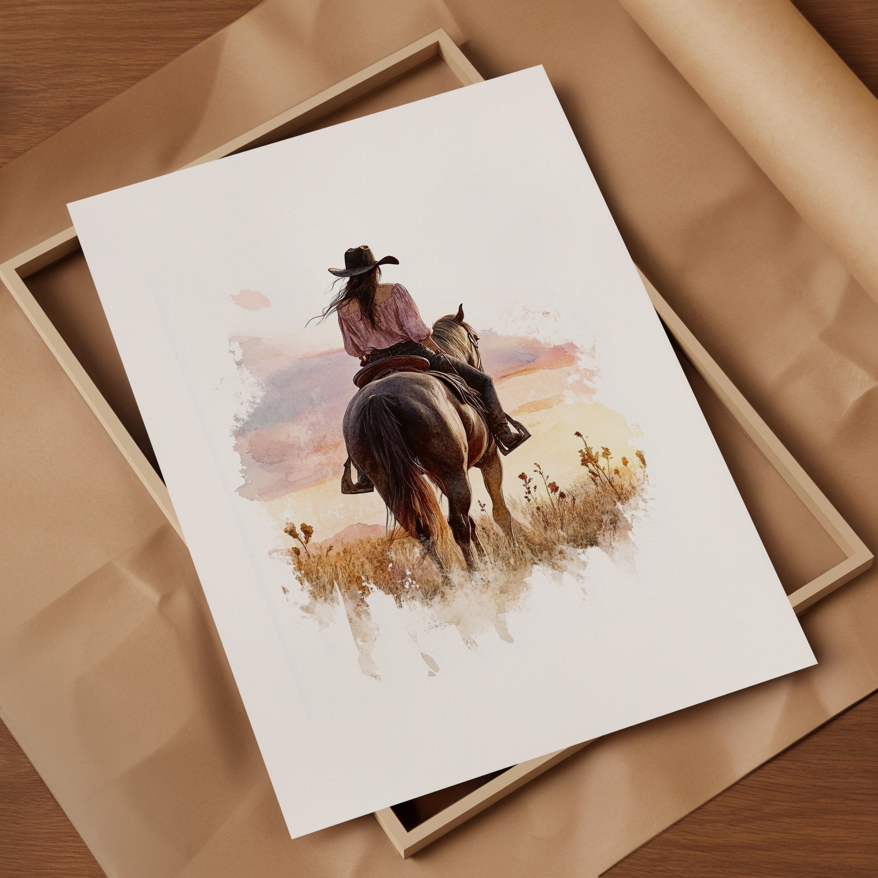 Watercolor cowgirl riding horse at sunset with soft pastel tones of blush pink, amber and lavender, creating a serene western-themed focal point against white space.
