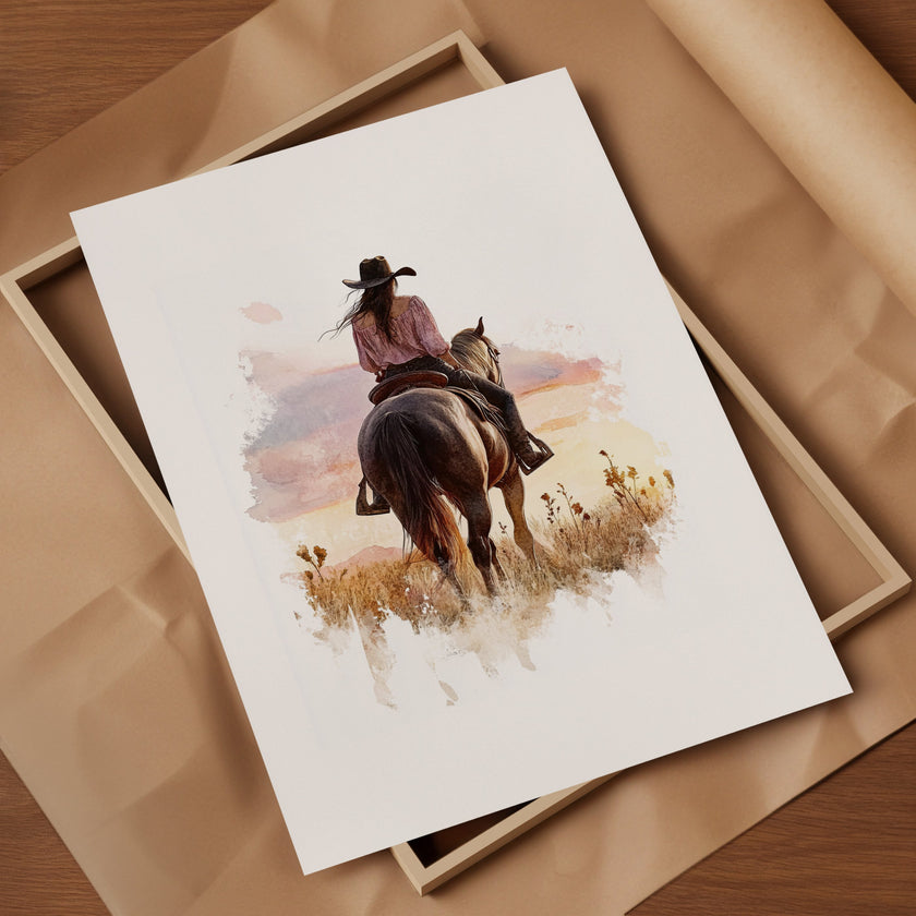 Watercolor cowgirl riding horse at sunset with soft pastel tones of blush pink, amber and lavender, creating a serene western-themed focal point against white space.