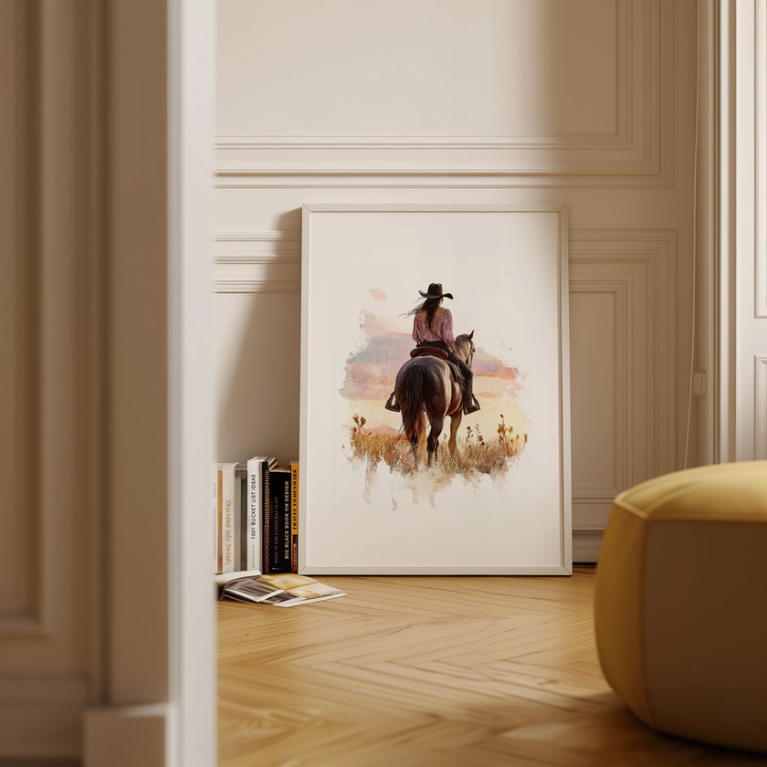 Watercolor cowgirl riding horse at sunset with soft pastel tones of blush pink, amber and lavender, creating a serene western-themed focal point against white space.
