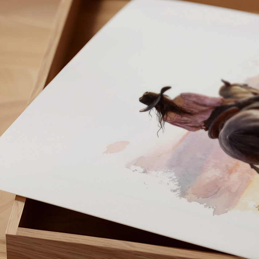 Watercolor cowgirl riding horse at sunset with soft pastel tones of blush pink, amber and lavender, creating a serene western-themed focal point against white space.