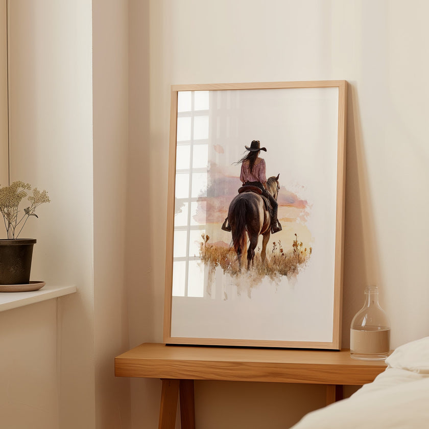 Watercolor cowgirl riding horse at sunset with soft pastel tones of blush pink, amber and lavender, creating a serene western-themed focal point against white space.