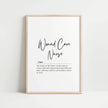 Elegant black script 'Wound Care Nurse' typography against white background, with serif definition text describing healing compassion, presented in a natural wood frame.