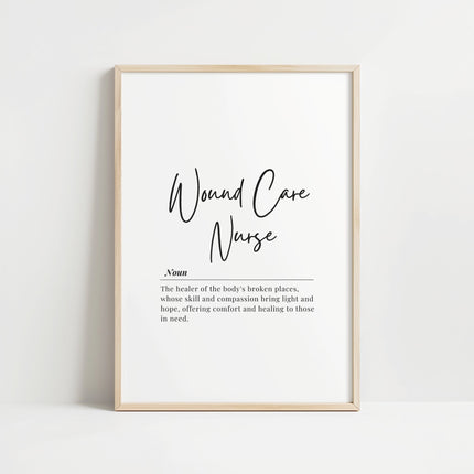 Elegant black script 'Wound Care Nurse' typography against white background, with serif definition text describing healing compassion, presented in a natural wood frame.