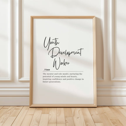Black script typography on white background featuring 'Youth Development Worker' with an inspirational definition about mentoring youth, framed in lightweight modern style for educational settings.