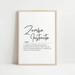 Black script typography on white background featuring 'Zumba Instructor' definition with elegant serif font, creating a motivational fitness art piece in minimalist design perfect for dance studios.