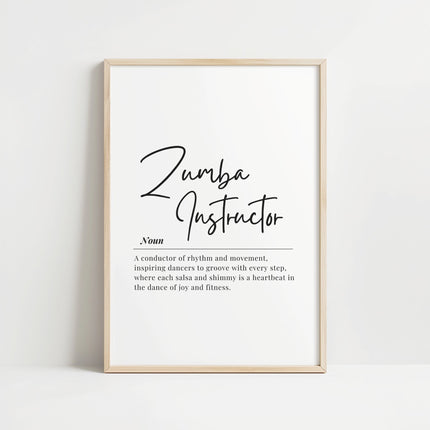 Black script typography on white background featuring 'Zumba Instructor' definition with elegant serif font, creating a motivational fitness art piece in minimalist design perfect for dance studios.