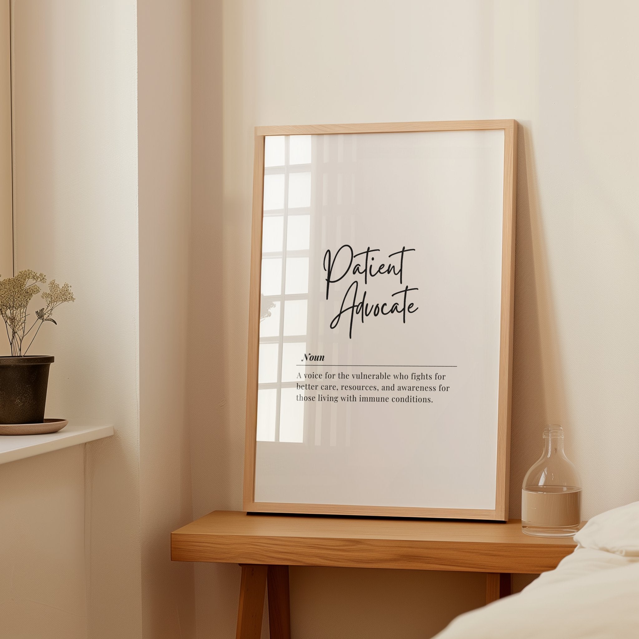 Modern typographic wall art featuring 'Patient Advocate' in bold black script on white background with definition text, creating a professional and empowering healthcare statement piece.