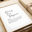 Elegant minimalist typography print defining 'Primary Care Physician' in black script font on white background, featuring serif 'Noun' detail and clean professional layout in simple wooden frame.