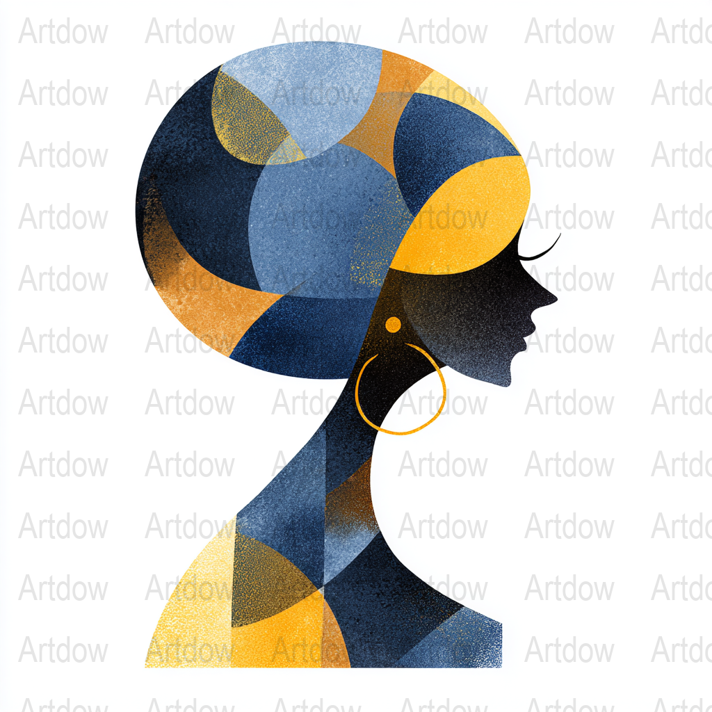 Abstract African Woman Art Print, Modern Geometric Wall Decor, Blue Orange Home Decoration