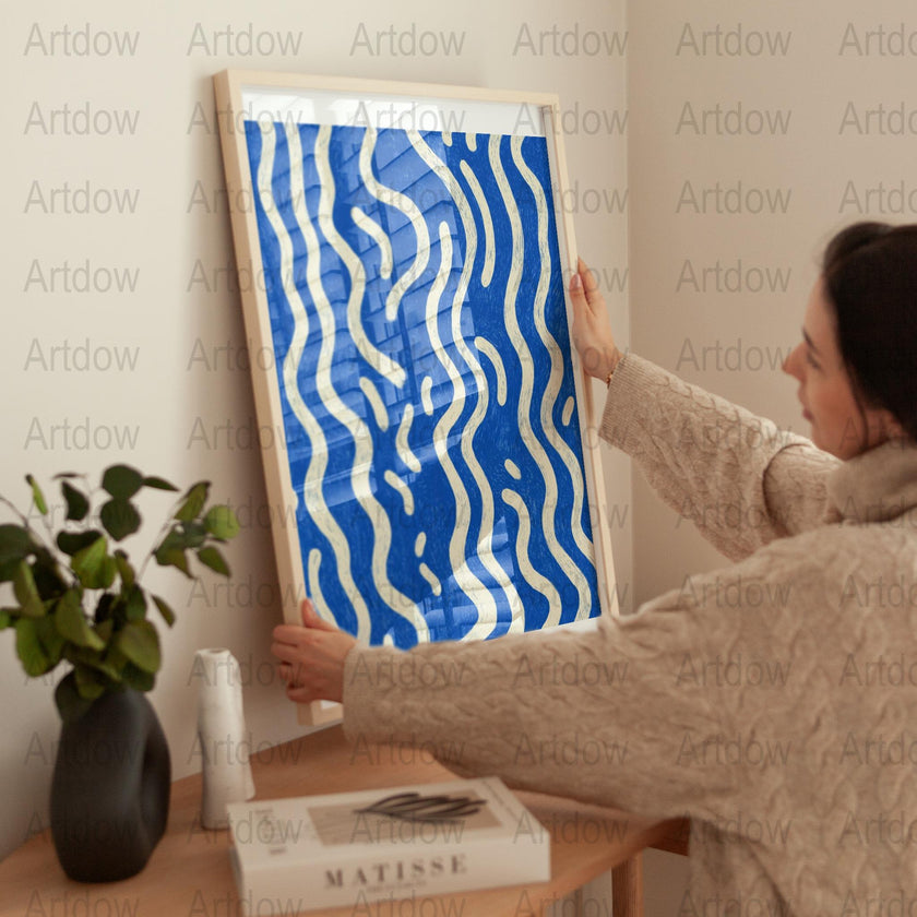 Modern Abstract Blue Waves Canvas Art, Large Wall Decor, Coastal Home Interior, Contemporary Artwork, Unique Living Room Decor