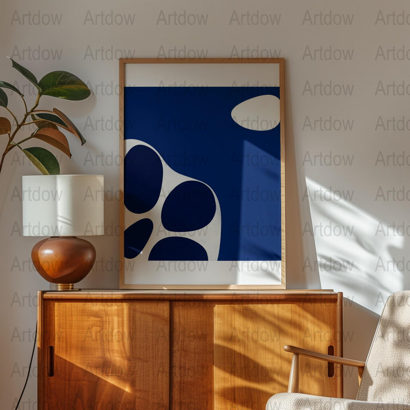 Modern abstract design featuring flowing navy blue and crisp white shapes against a blue background, creating a balanced, peaceful composition ideal for minimalist contemporary spaces.