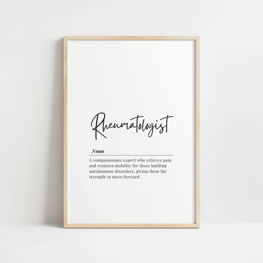 Elegant calligraphy definition of rheumatologist on minimalist background, showcasing compassionate healthcare profession focused on autoimmune disorders and pain relief.