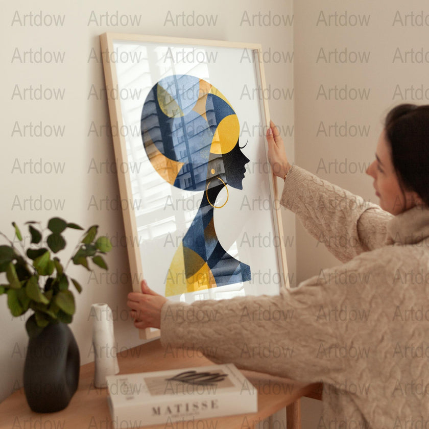 Modern Abstract Art Print, Geometric Shapes, Blue and Yellow Wall Decor, Large Poster for Living Room
