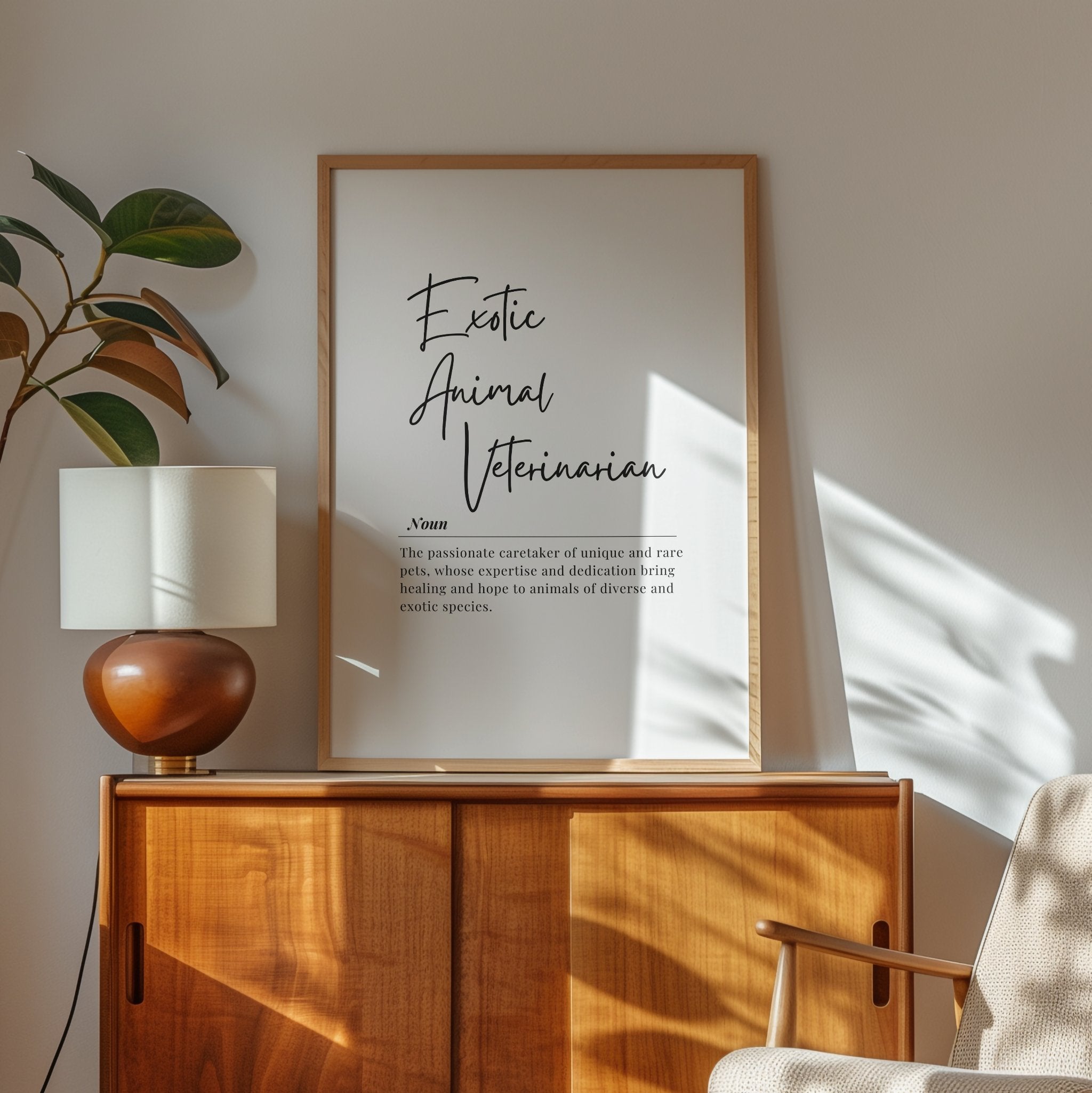 Black typography featuring 'Exotic Animal Veterinarian' in modern script against white background with inspirational definition about healing diverse species, creating a professional minimalist design