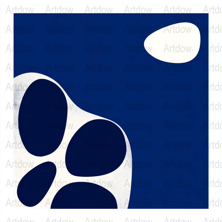 Modern abstract design featuring flowing navy blue and crisp white shapes against a blue background, creating a balanced, peaceful composition ideal for minimalist contemporary spaces.