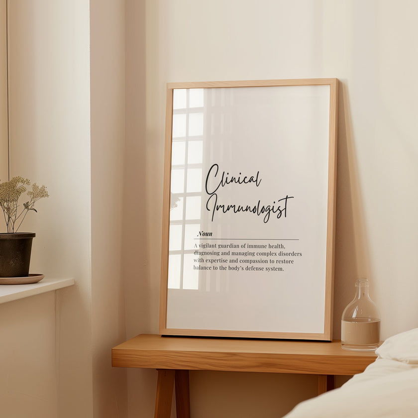 Minimalist black and white typography featuring Clinical Immunologist definition in elegant script against crisp white background, perfect for professional medical office decor