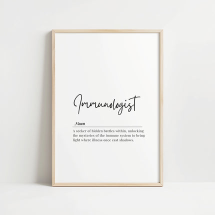 Minimalist black typography on white background featuring the definition of 'Immunologist', designed for professional medical office decor.