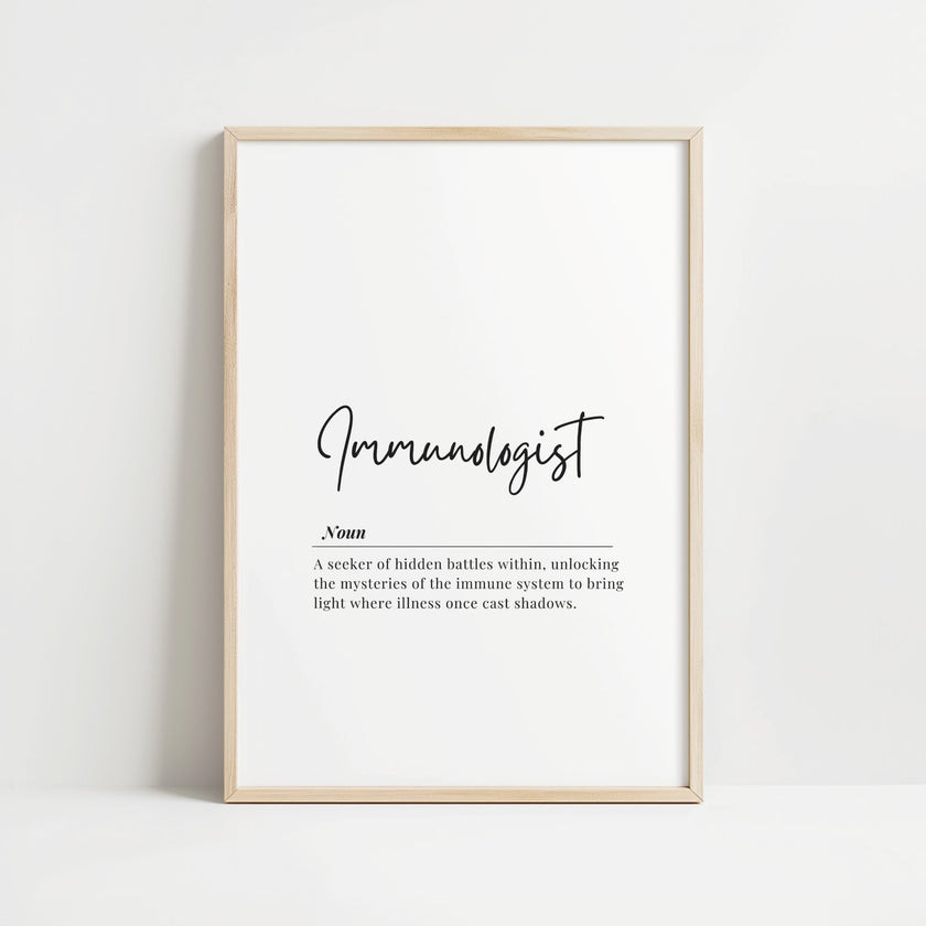 Minimalist black typography on white background featuring the definition of 'Immunologist', designed for professional medical office decor.