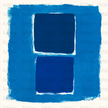 Modern abstract digital print featuring overlapping dark blue rectangles with vibrant azure and cobalt tones against textured white background, creating a serene yet sophisticated geometric composition.