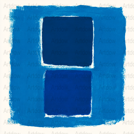 Modern abstract digital print featuring overlapping dark blue rectangles with vibrant azure and cobalt tones against textured white background, creating a serene yet sophisticated geometric composition.