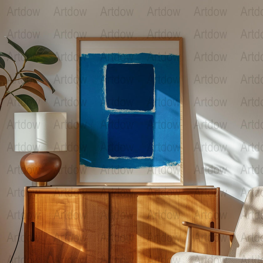 Modern abstract digital print featuring overlapping dark blue rectangles with vibrant azure and cobalt tones against textured white background, creating a serene yet sophisticated geometric composition.