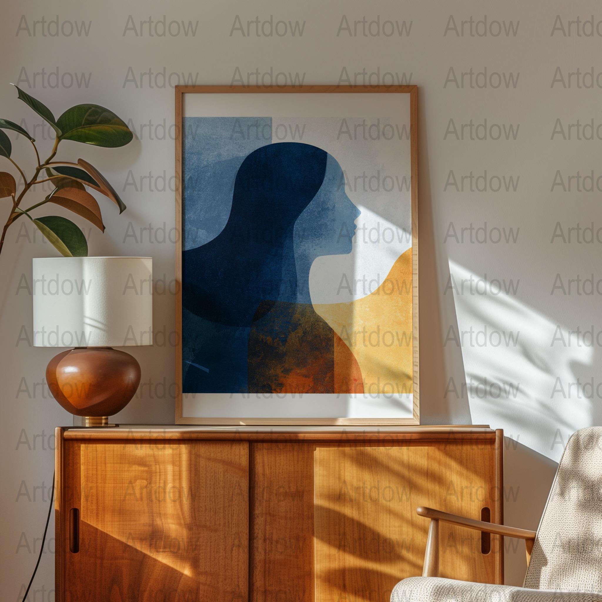 Minimalist silhouette figure against textured backdrop with midnight blue and burnt orange tones, creating a contemplative abstract composition with overlapping geometric forms and harmonious contrasts.